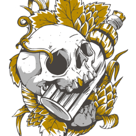 череп, бутылка пива, веревка и хмель