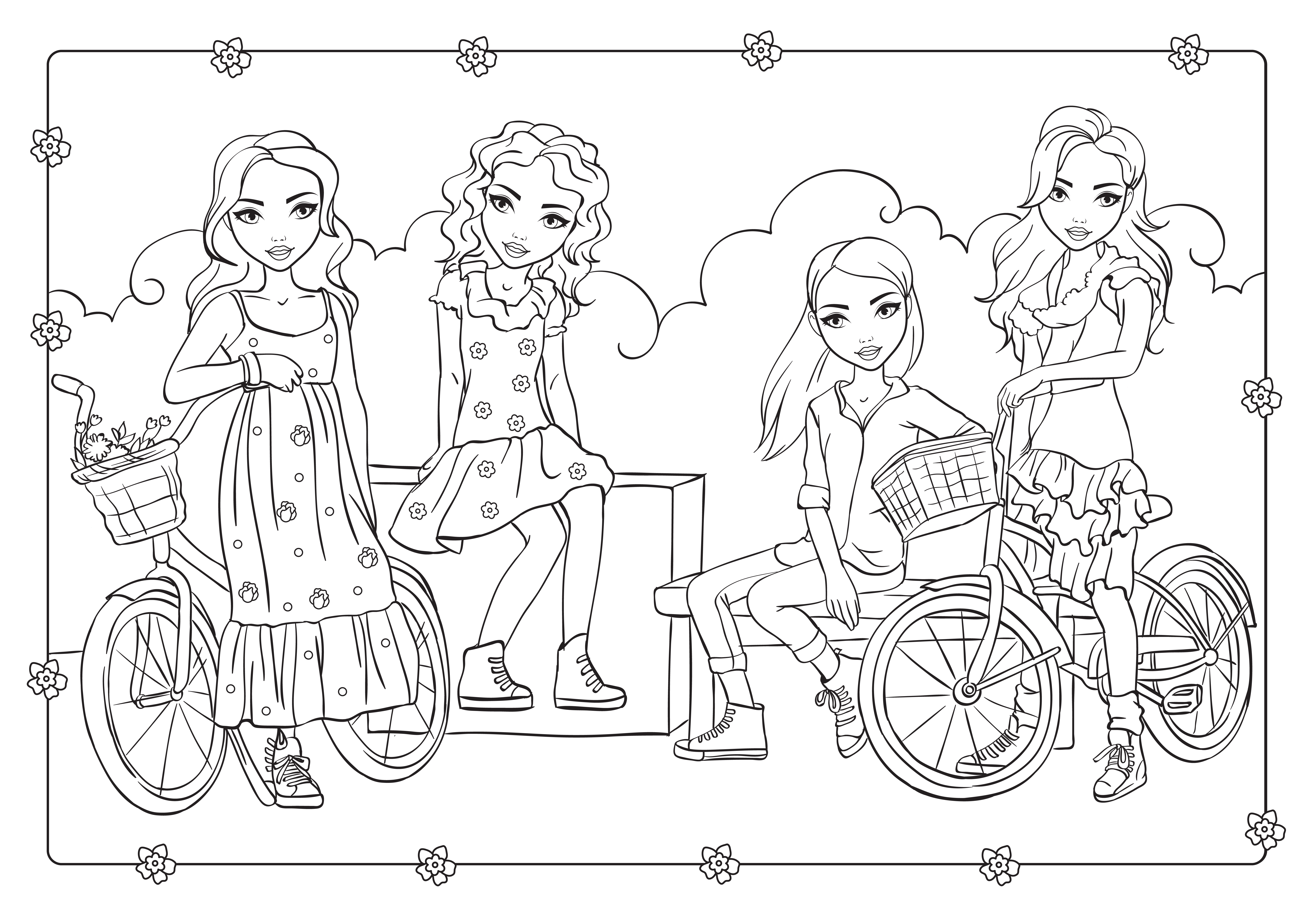23 coloring book of romantic girls with bikes