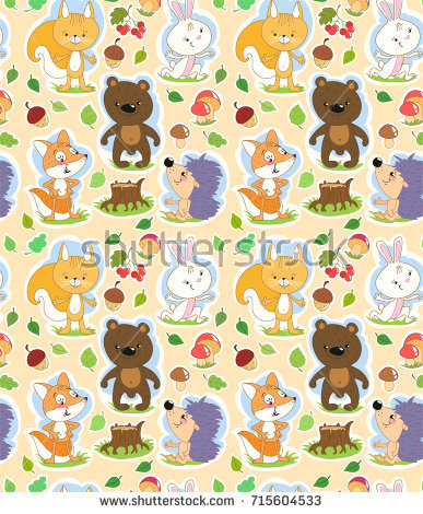 Stock vector seamless cartoon pattern with cute forest animals and autumn theme 715604533
