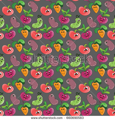 Stock vector seamless pattern background with cartoon funny smiling vegetables for kids textile or printing 660690583