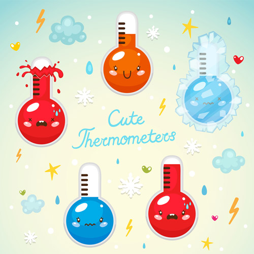 Set with cute thermometers and weather symbols
