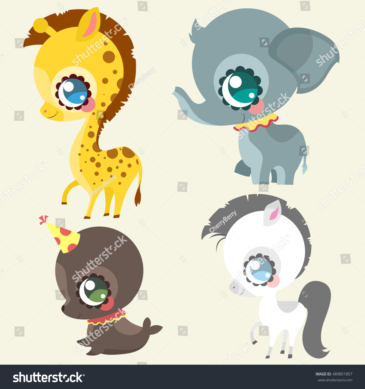 Stock vector set of wild animals childrens characters giraffe seal elephant horse circus funny animals 489851857