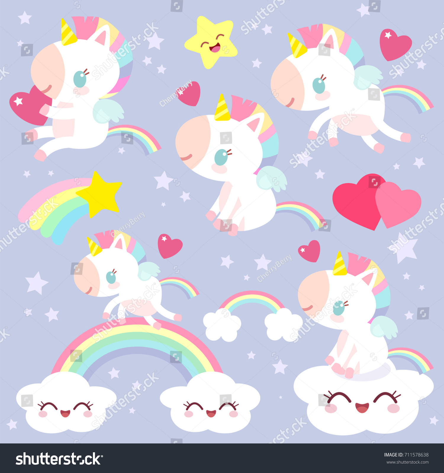 Stock vector set of magical unicorns children s character fabulous pony 711578638