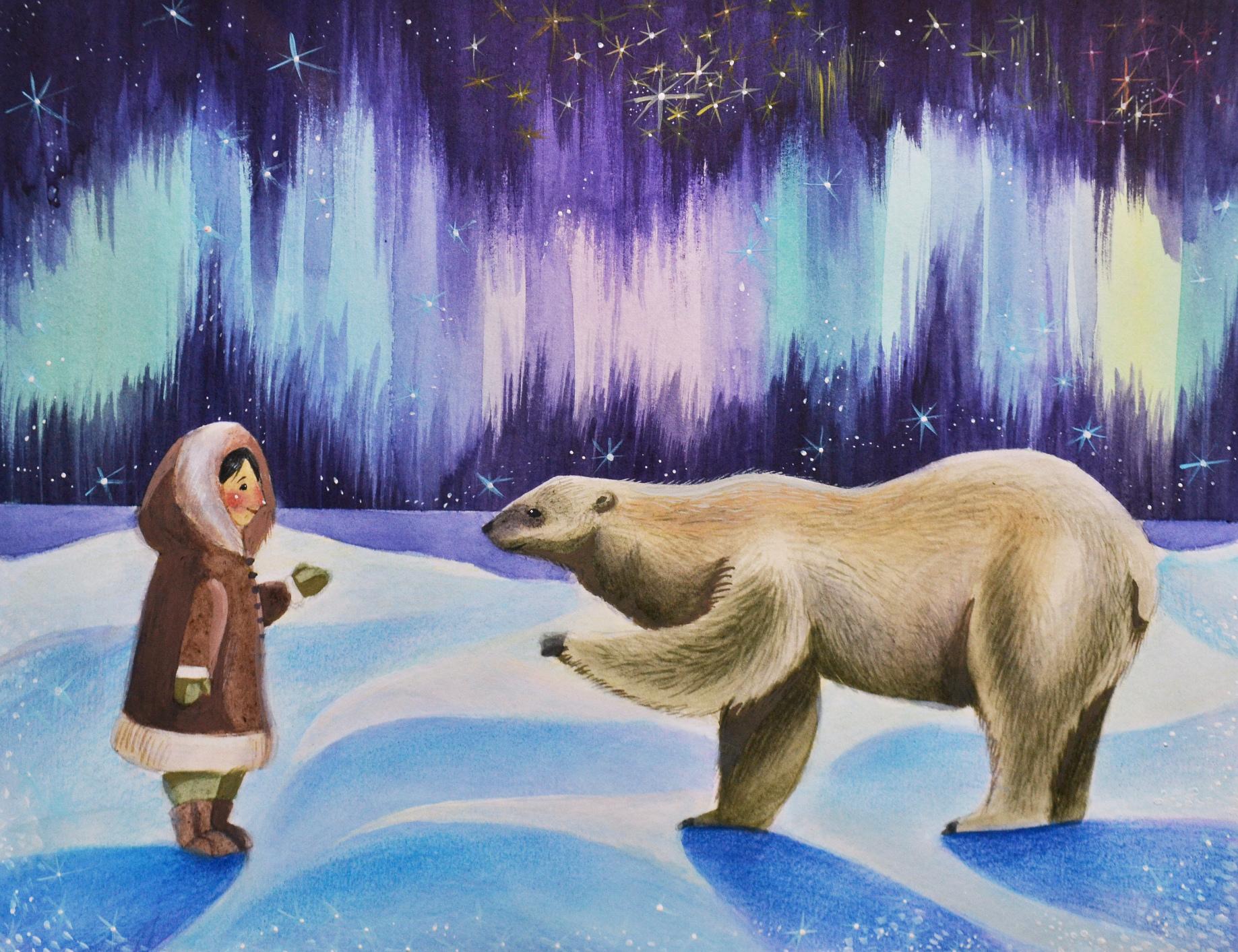 Рисования Северное сияние и медведи