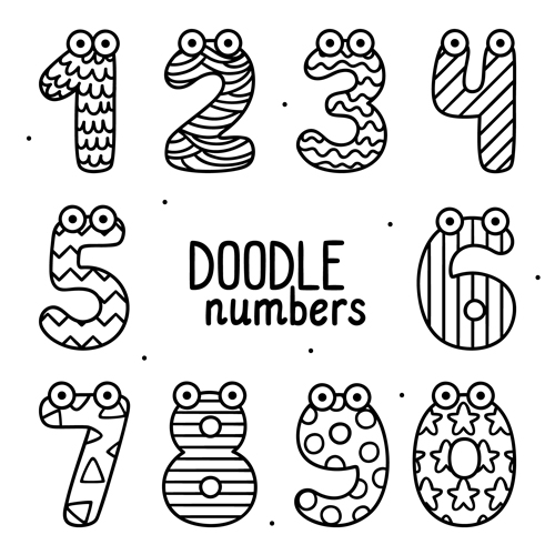 Funny doodle numbers with patterns set