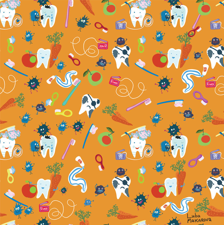 7 funny vector seamless pattern of cartoon healthy and diseased teeth  toothbrushes  dental floss  apples  carrots  tooth decay  toothpaste.