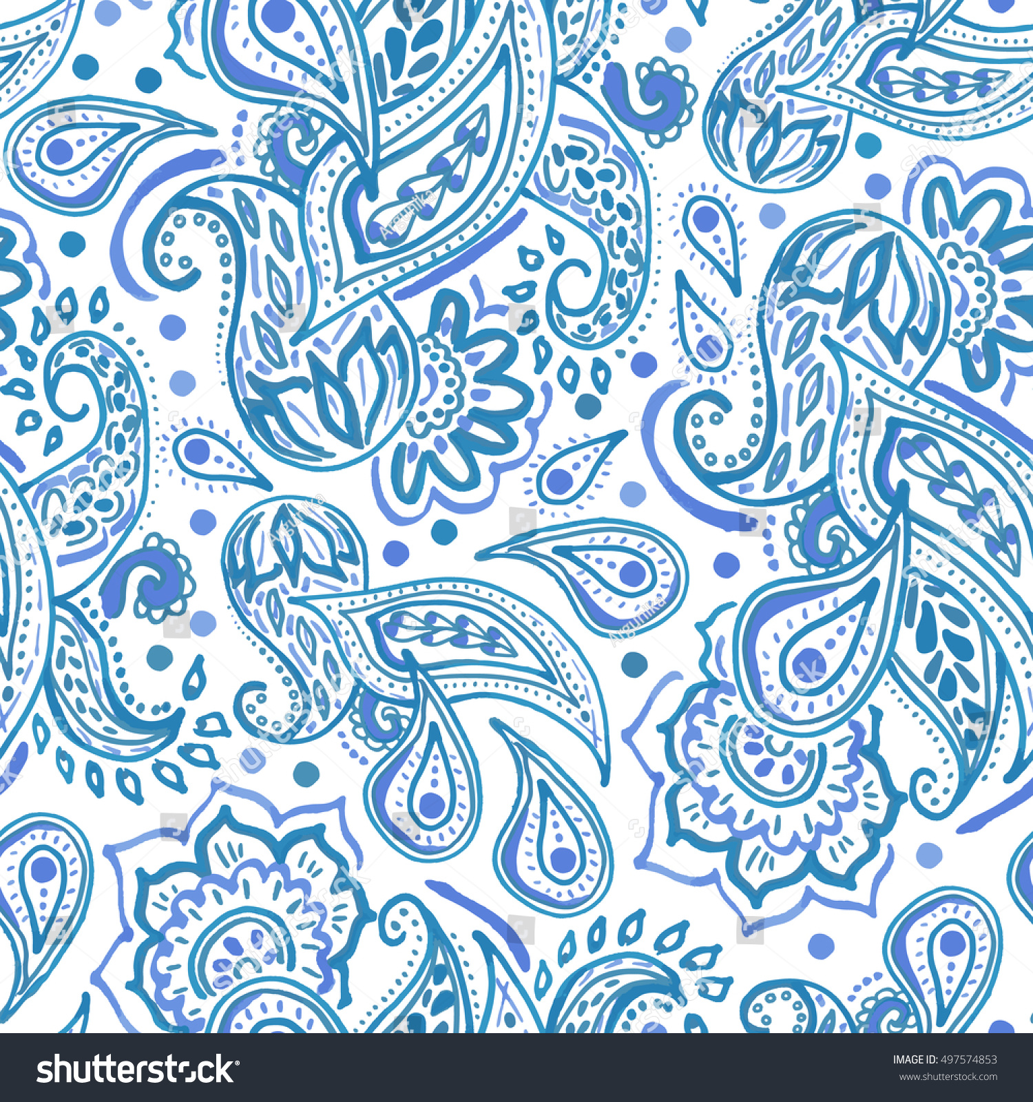 Stock photo seamless blue paisley pattern on white background oriental decoration print boho style for 497574853