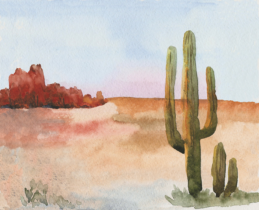 Landscape of american prairies with cactus. wild west. an illustration painted in watercolor.
