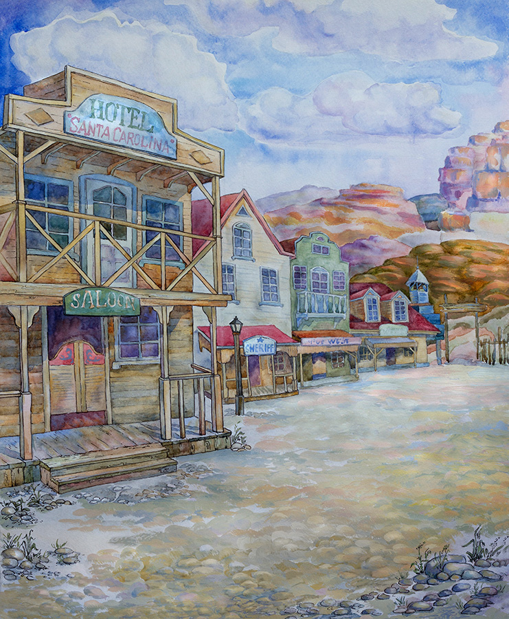 The old american settlement. painted in watercolor