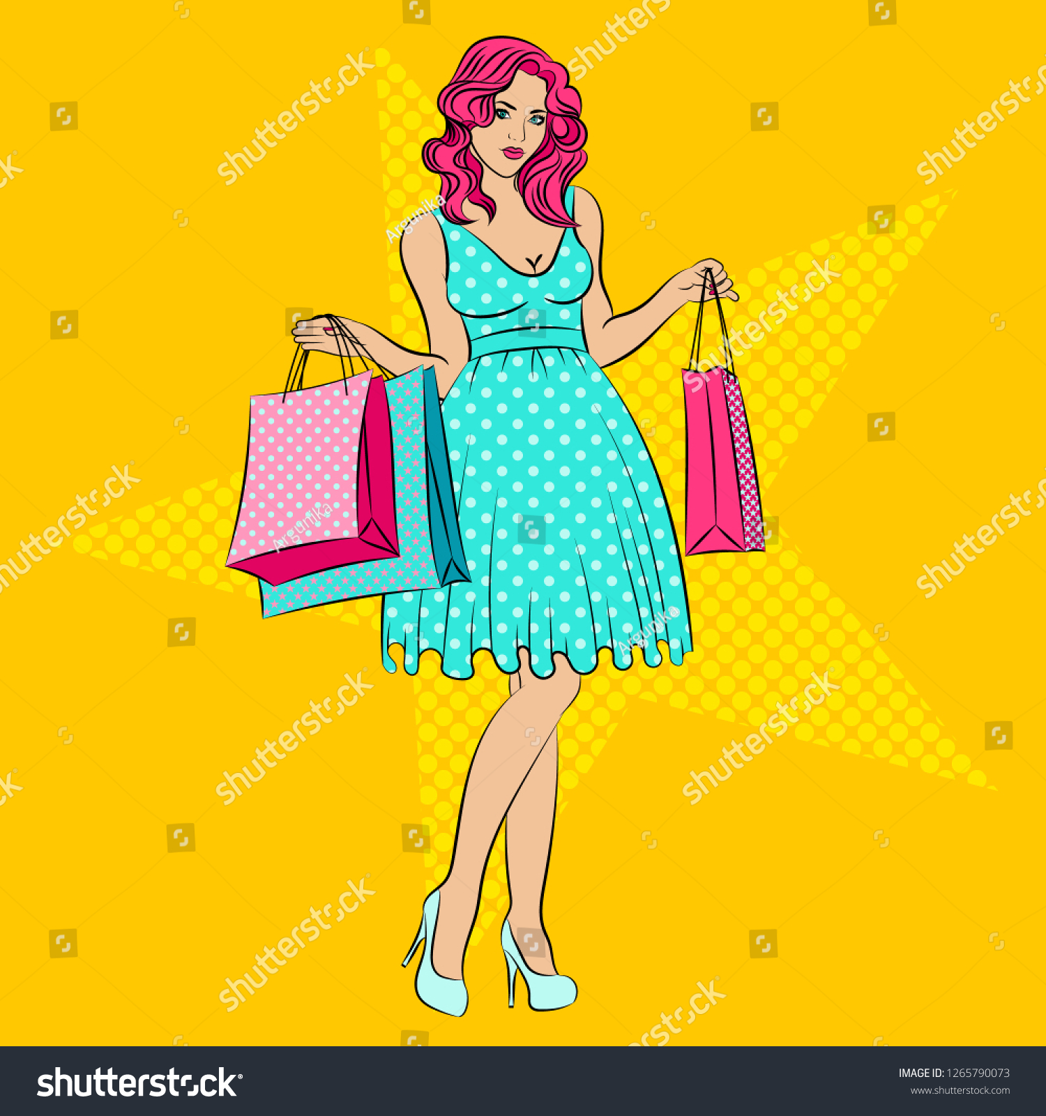 Stock vector old fashioned lady with the bags in vintage style pin up girl special offer advertising poster 1265790073