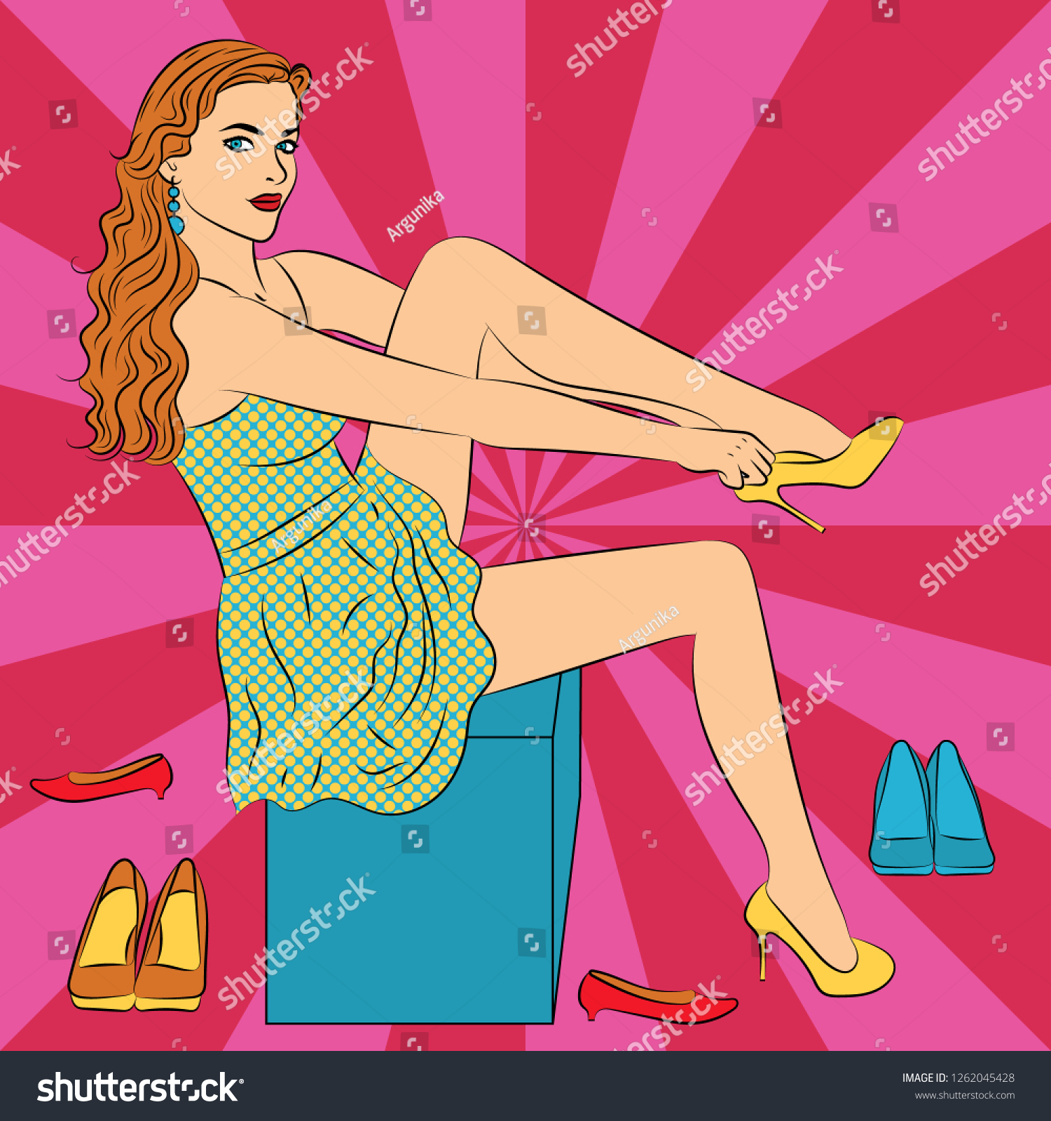 Stock vector pop art pretty woman choosing shoes female fashion clothing vector illustration vector 1262045428