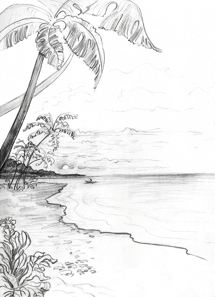 Sea tropical landscape with palm trees  vegetation and a boat in the distance. pencil drawing illustration web
