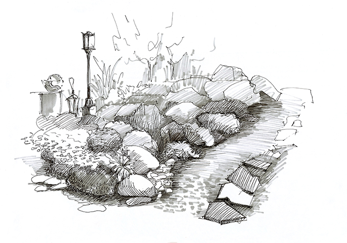 Landscape garden design with stones  with a street lamp and greenery. black and white graphic illustration  web