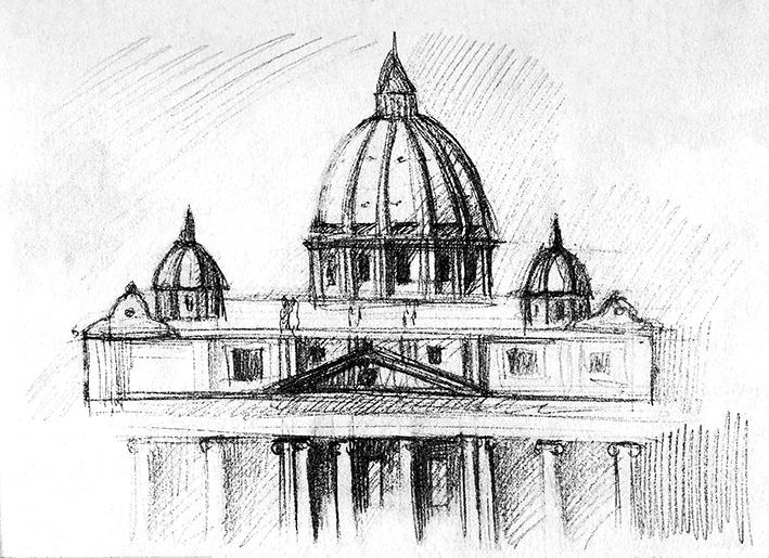 Landscape drawn with ink and pen with the cathedral of st. peter in rome in italy on a white background. view of the gables with columns in the foreground web