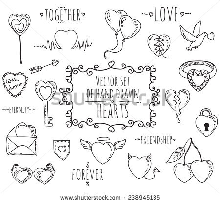 Stock vector collection of vector vintage style hearts design elements on white background doodles line art 238945135