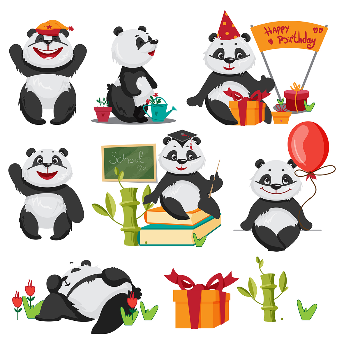 A set of illustrations with the panda character