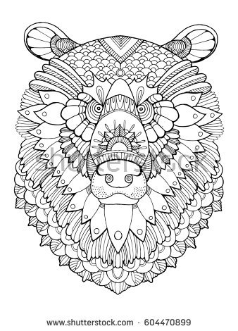 Stock photo bear head coloring book raster illustration black and white lines lace pattern 604470899