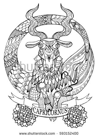 Stock photo capricorn zodiac sign coloring book raster illustration tattoo stencil black and white lines 593152400