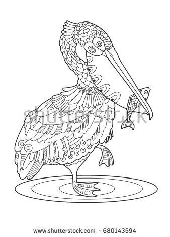 Stock photo pelican bird with fish coloring book raster illustration black and white lines lace pattern 680143594