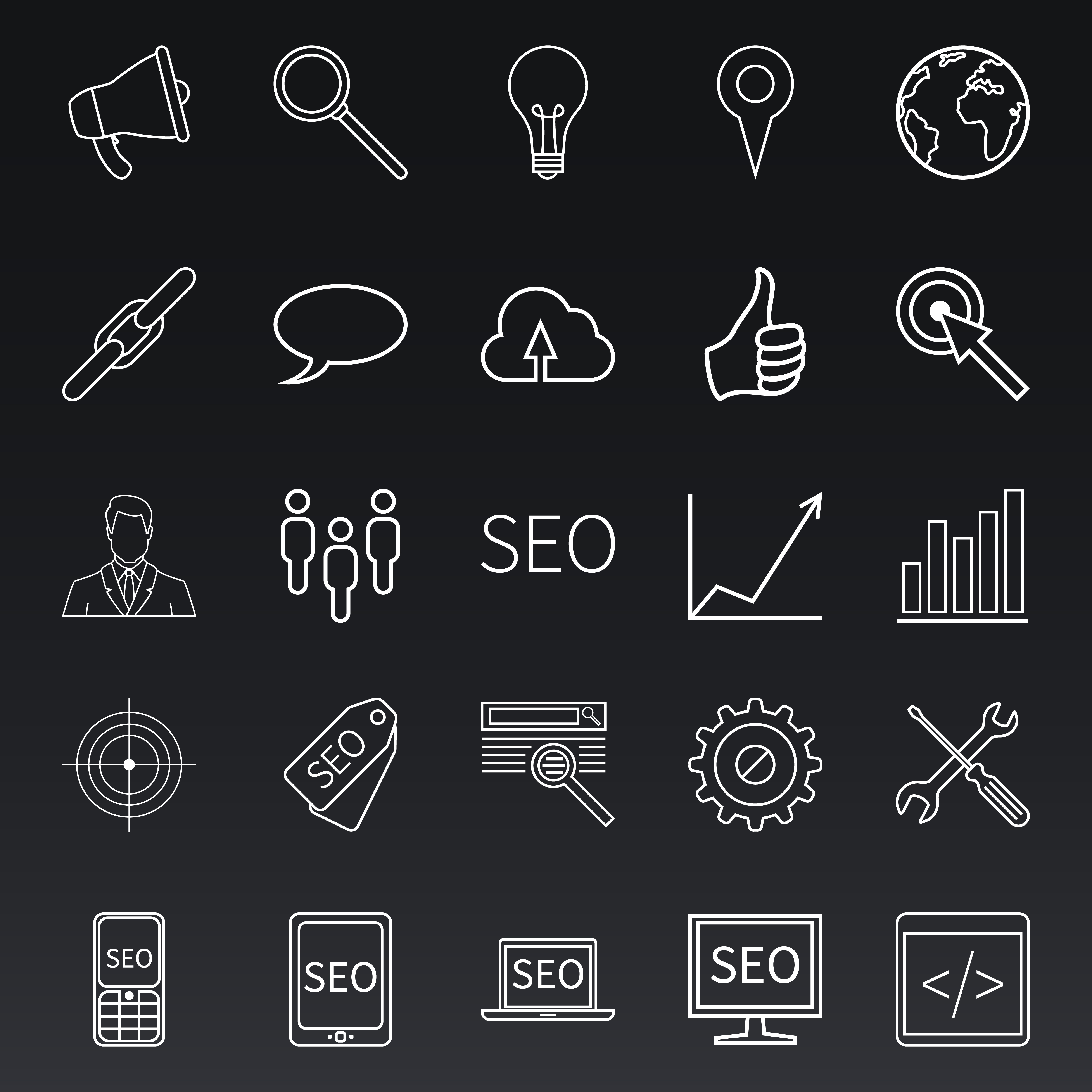 Seo icons set black background 01