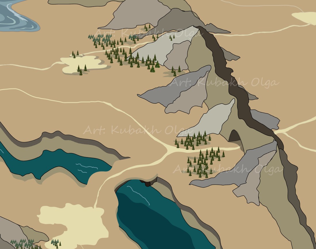 Game map fragment. forest  mountains and tunnel.