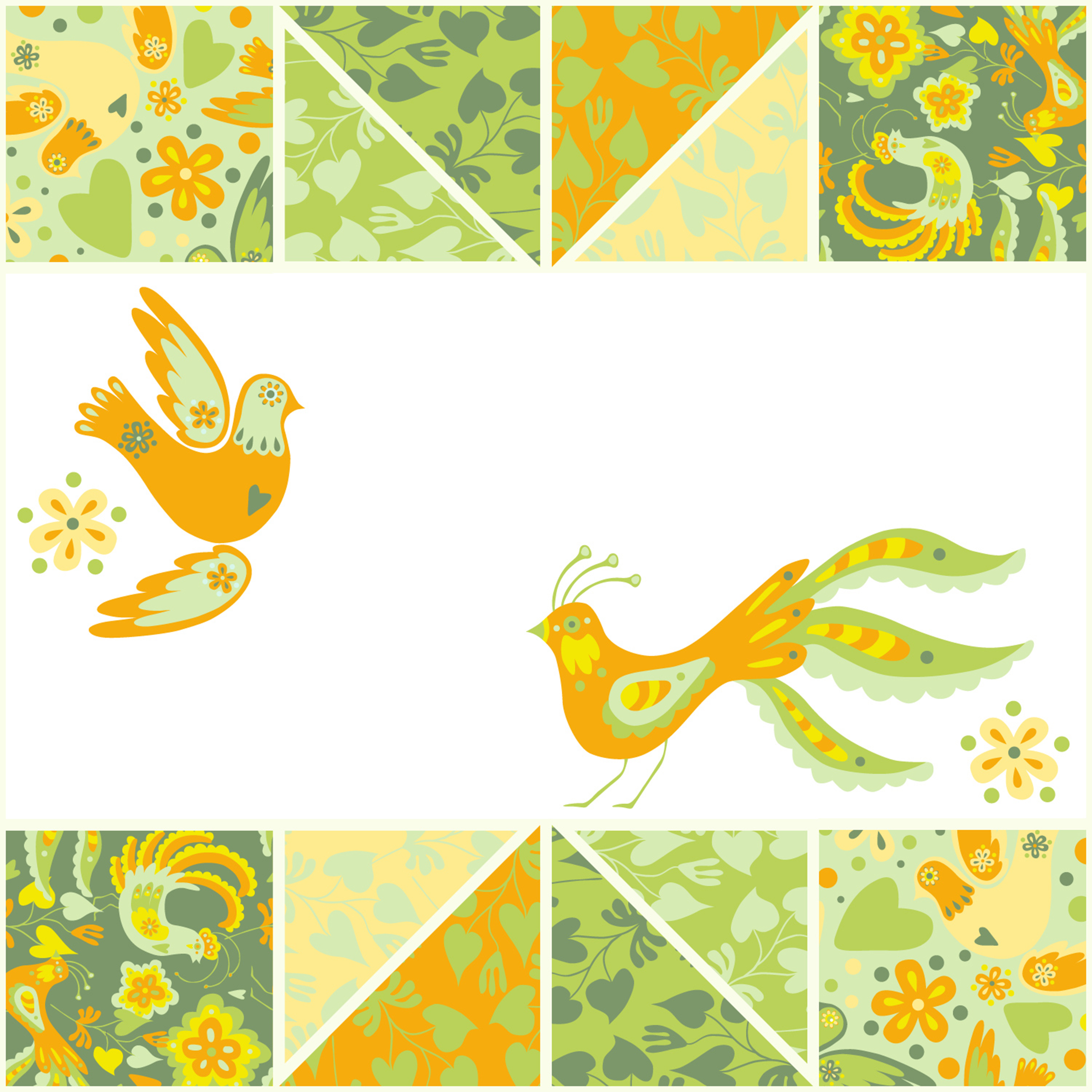 Birds geometric patchwork card warm green and yellow colours