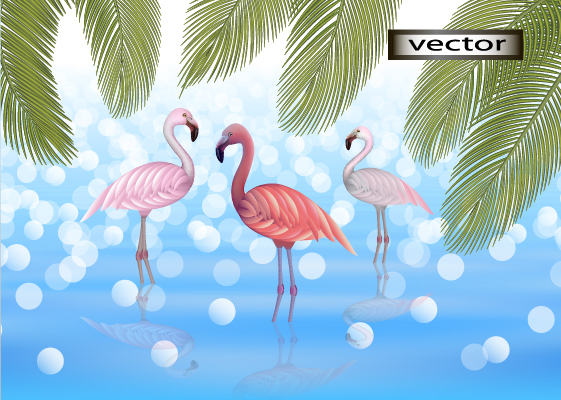 Vector illustration of palm trees sea pink flamingos in water glistening from the sun