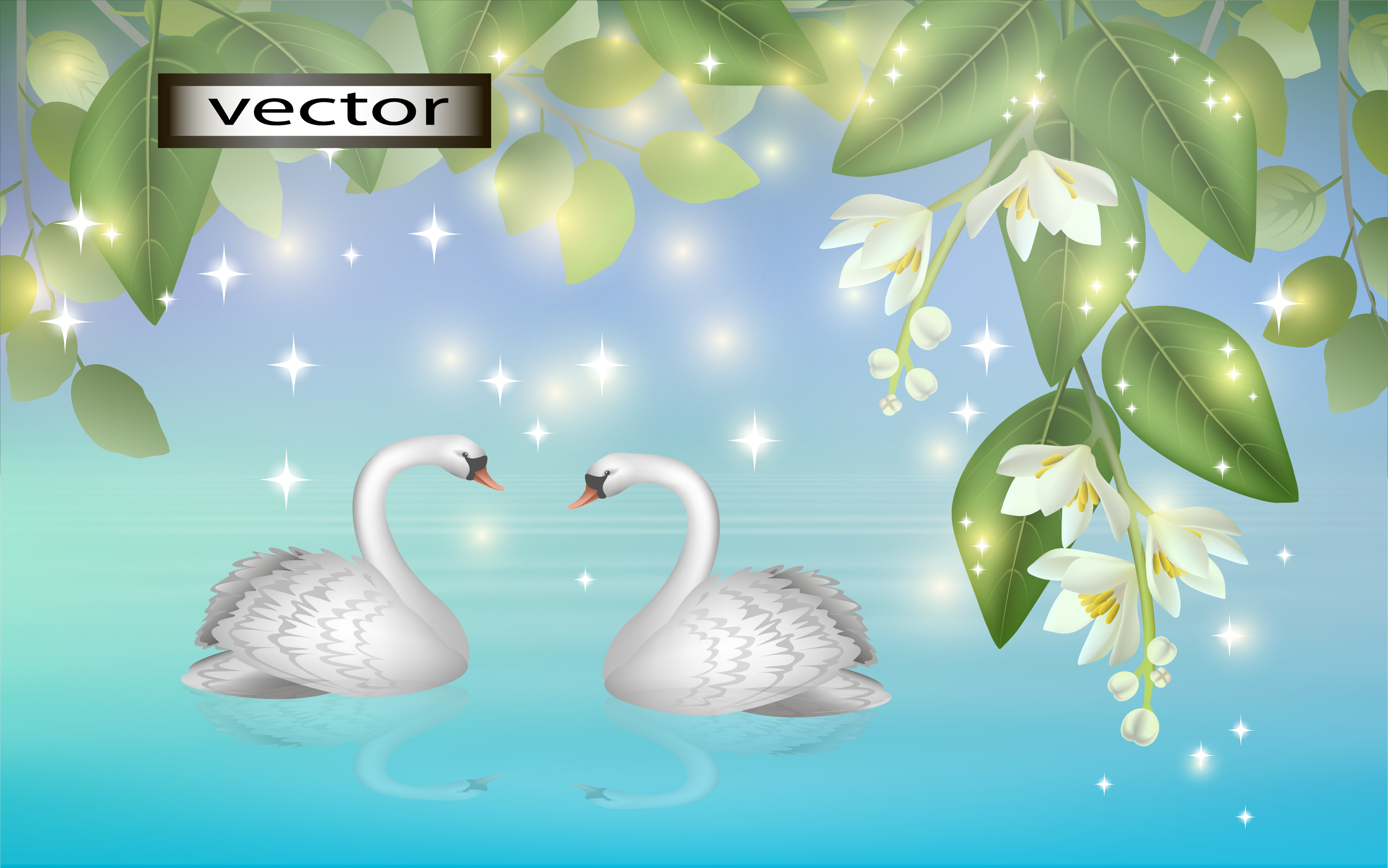 Vector illustration of swans on the background of nature  the flowers hanging over the water  the trees bloom in spring landscape in quiet tones of color