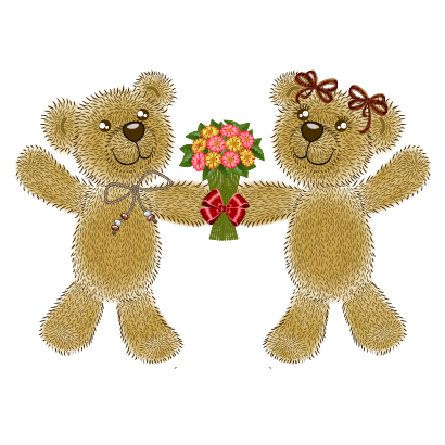 Vector illustration romantic gift flowers  small fluffy bears drawing on a postcard