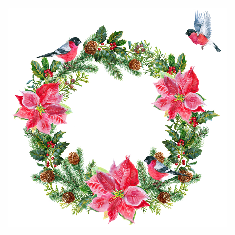 Christmas wreath with bullfinch and poinsettia