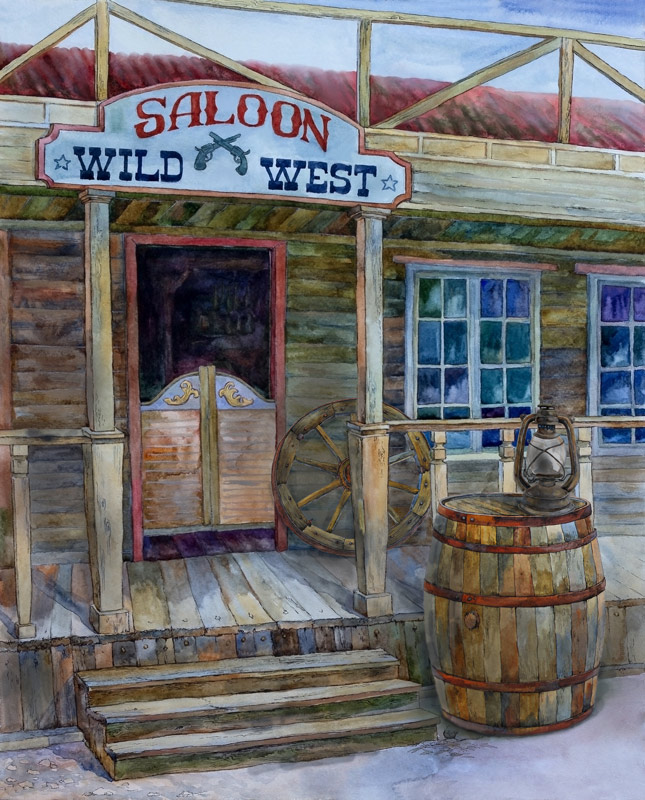 The old wooden terrace is a pub in america. a barrel  a wheel. salon is wild west