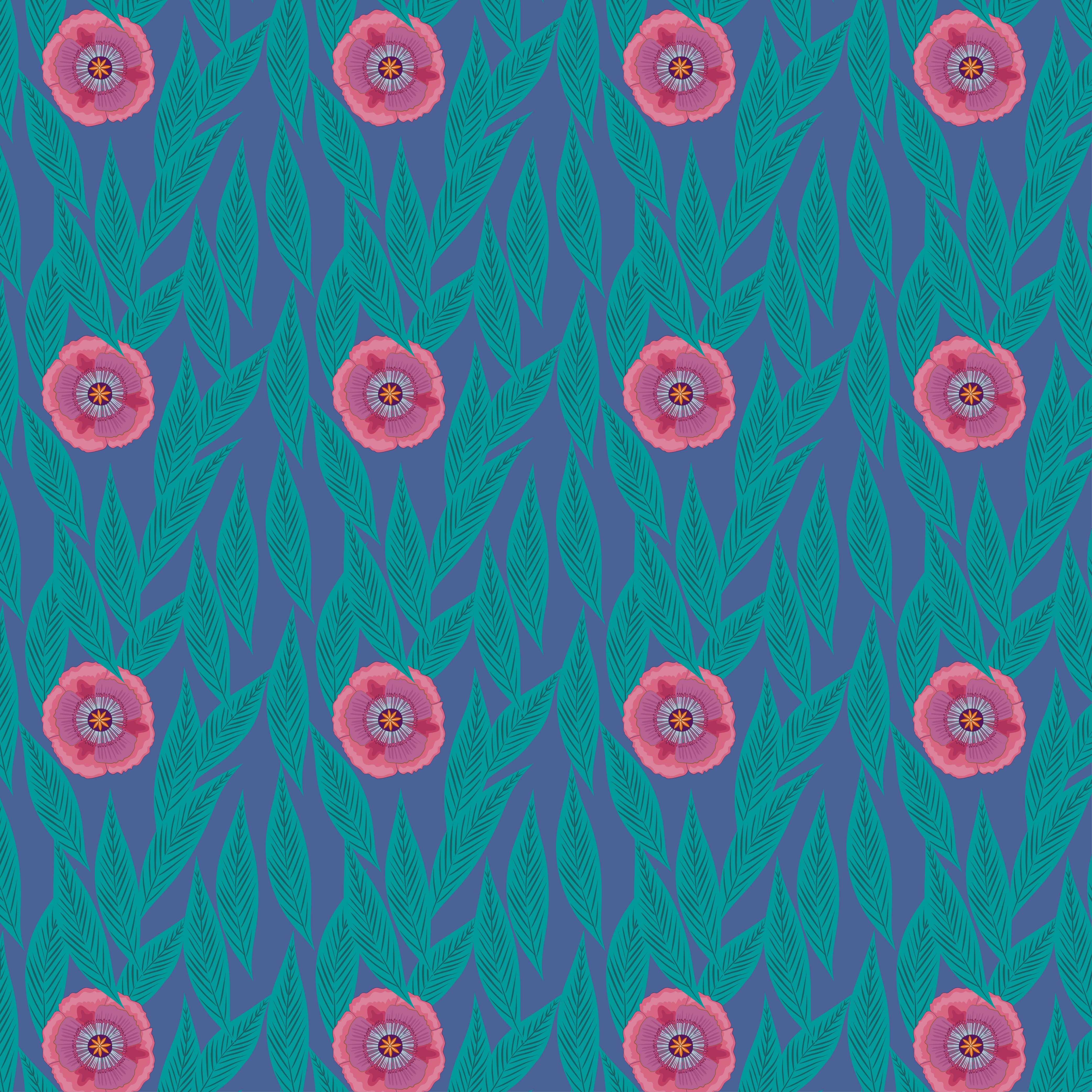 A pattern of stylized peony flower and leaves