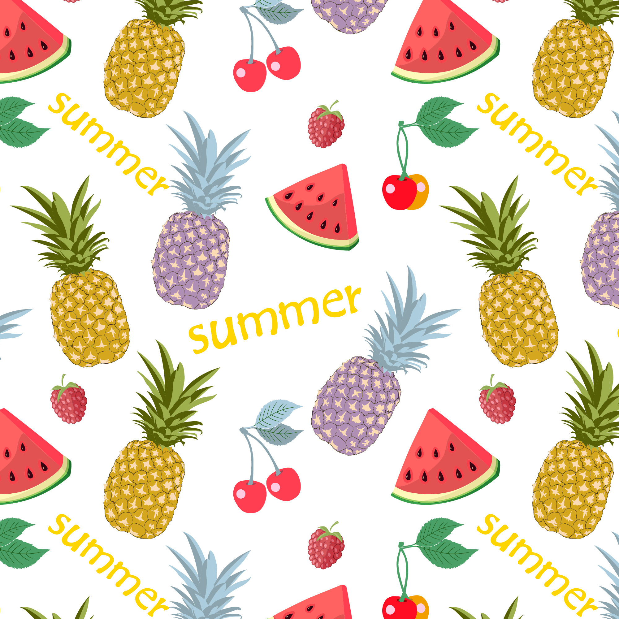 A pattern of pineapples  watermelon  cherries and raspberries