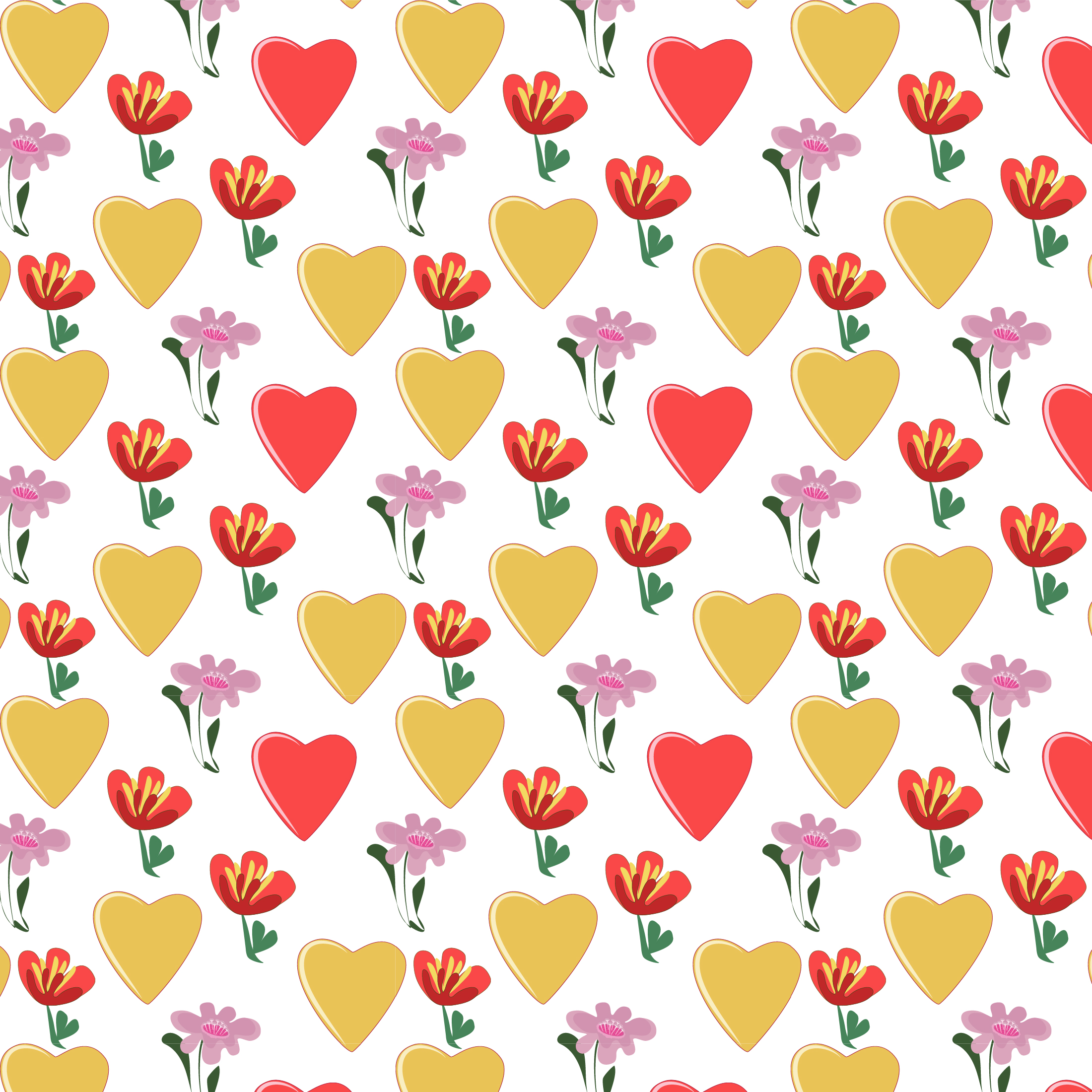 Pattern with hearts and stylized flowers 01