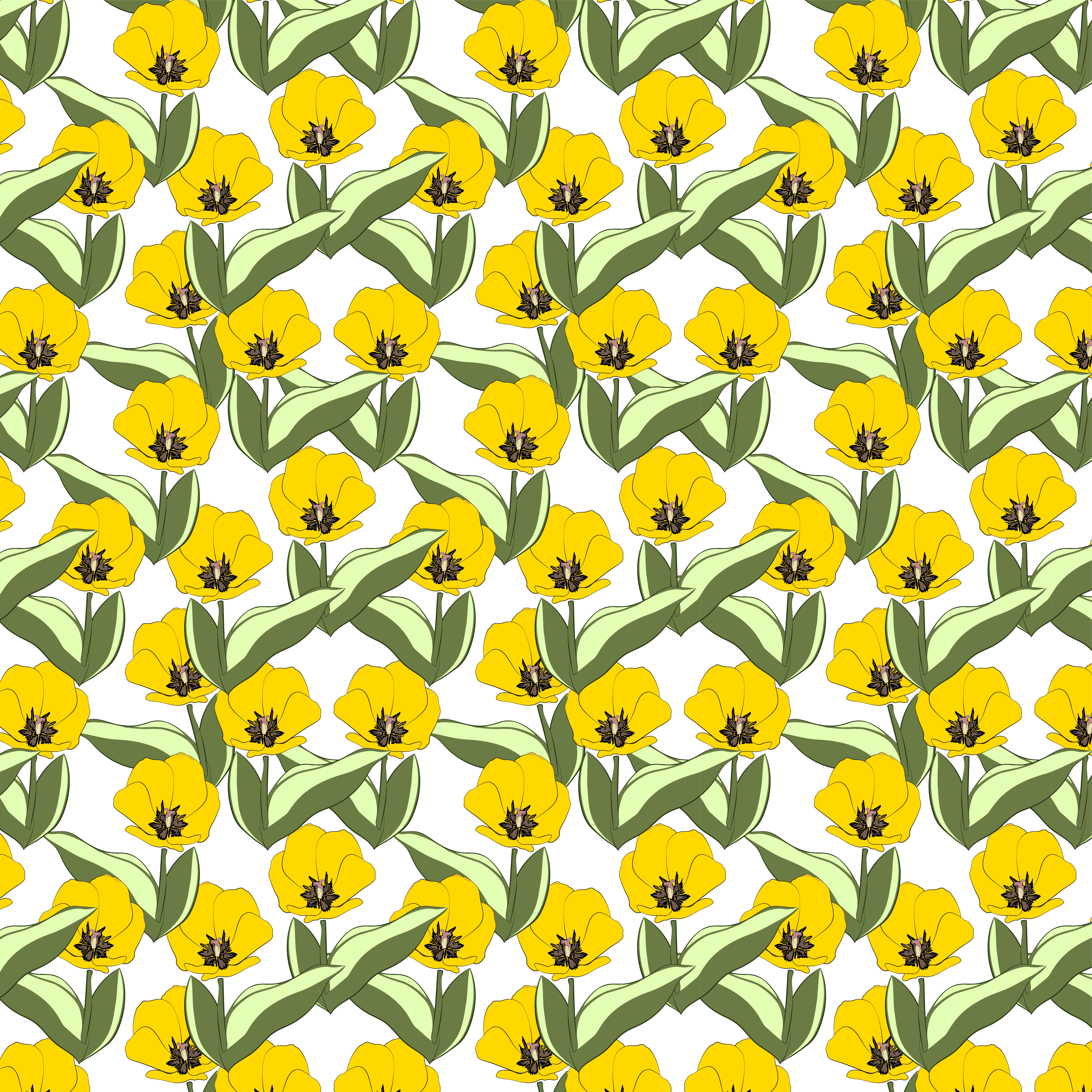Pattern of yellow tulips and green leaves