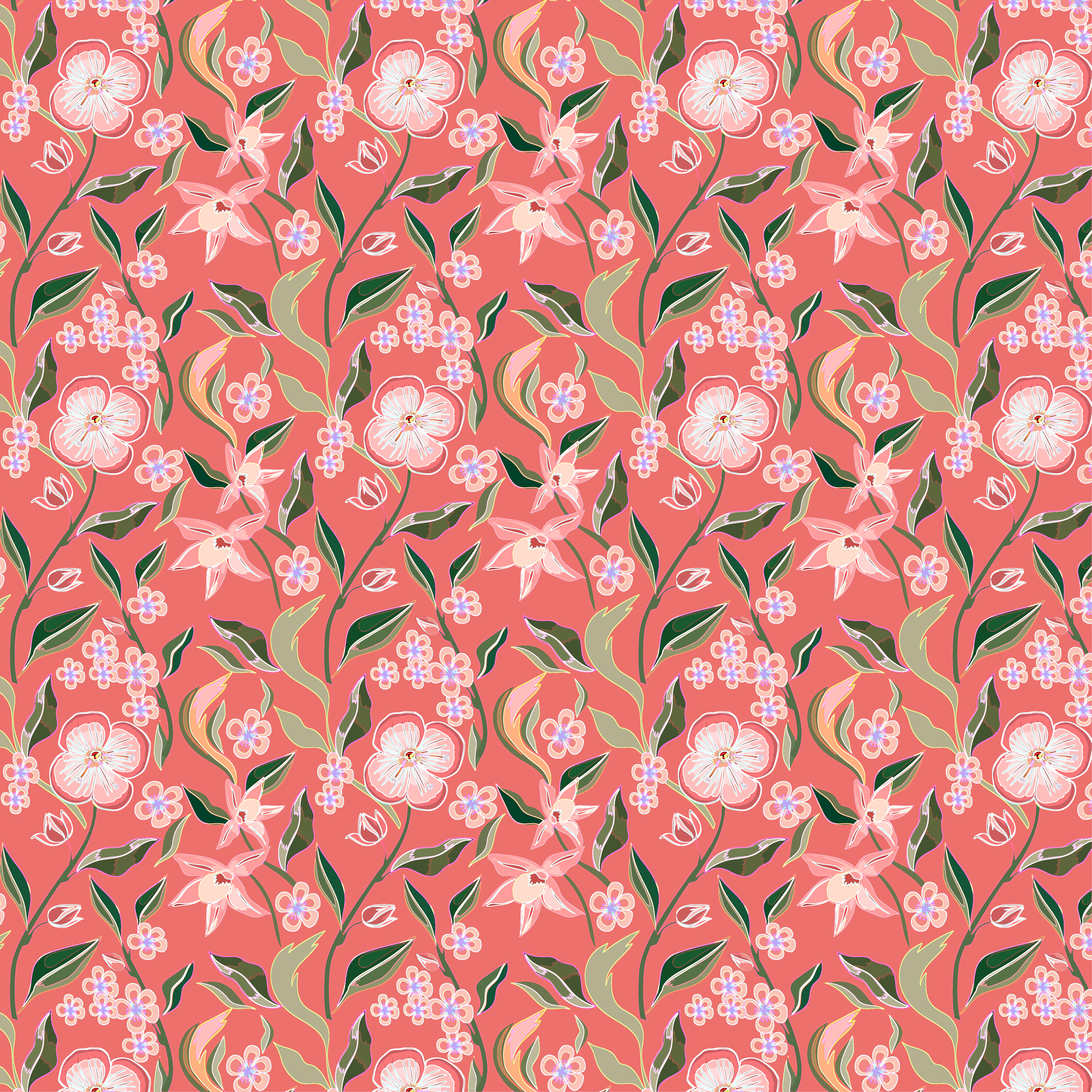 A pattern of flowers and leaves on a pink background 1