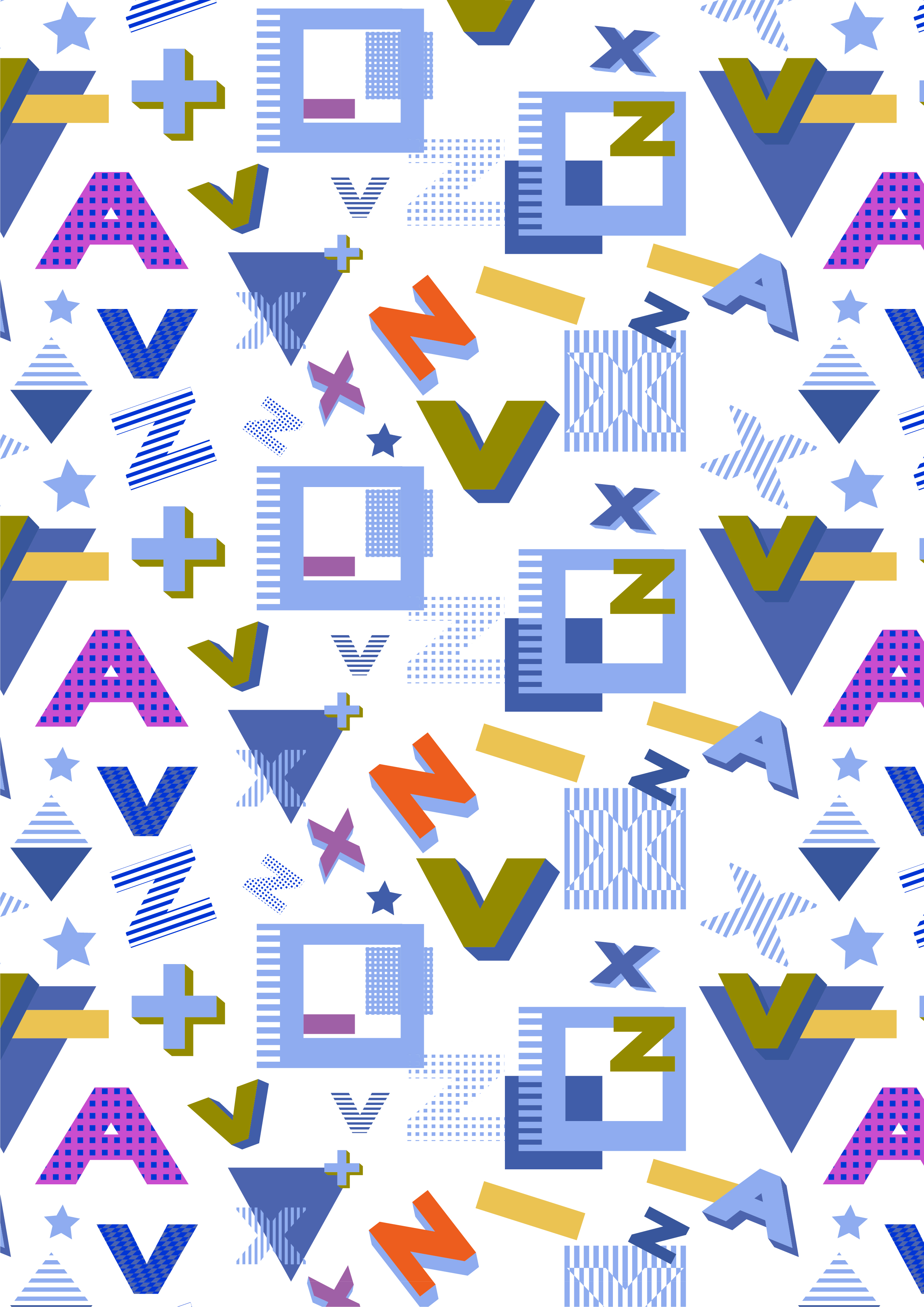 A pattern of multicolored letters and geometric shapes 1