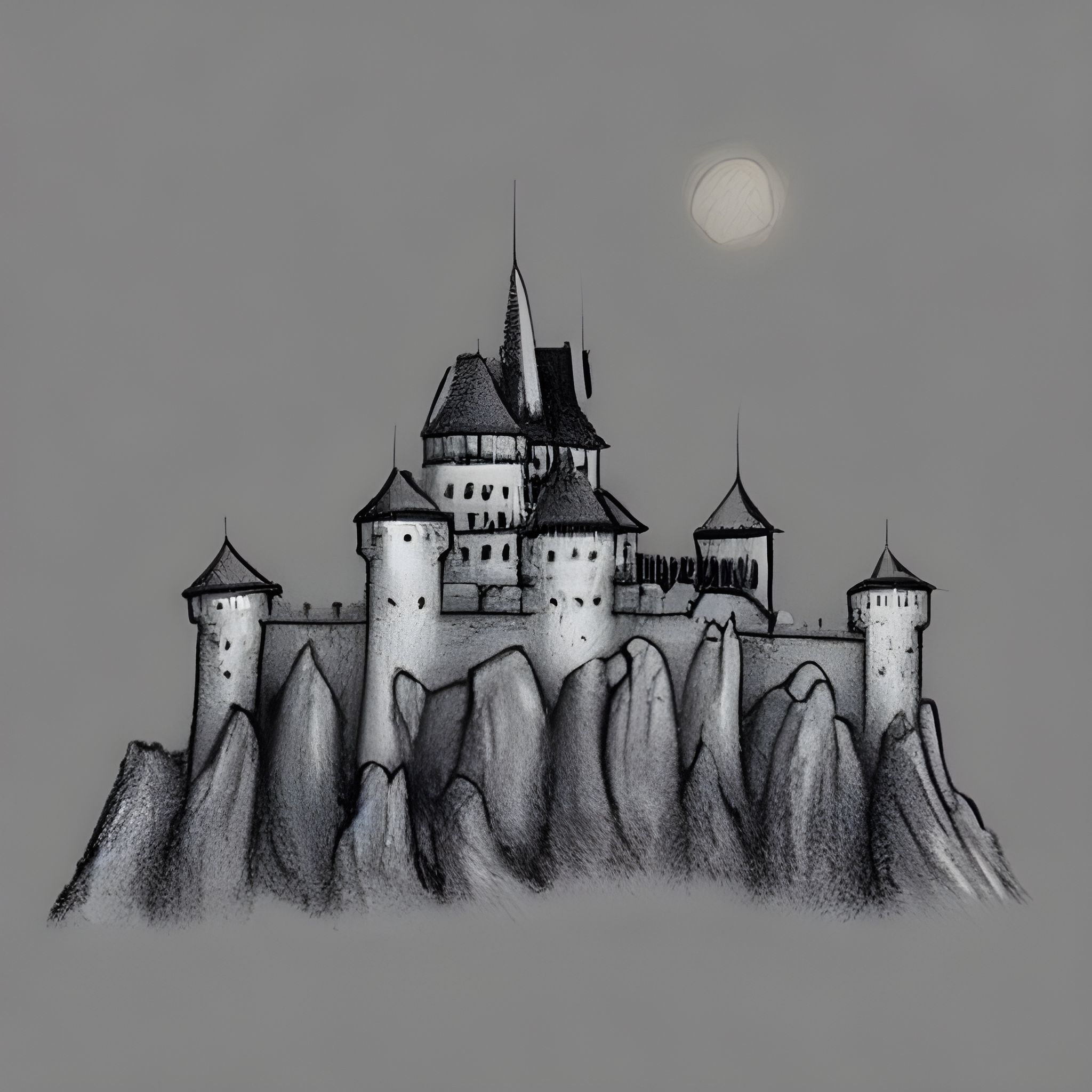 Foggy castle on the rock in drawn style 1668527185785