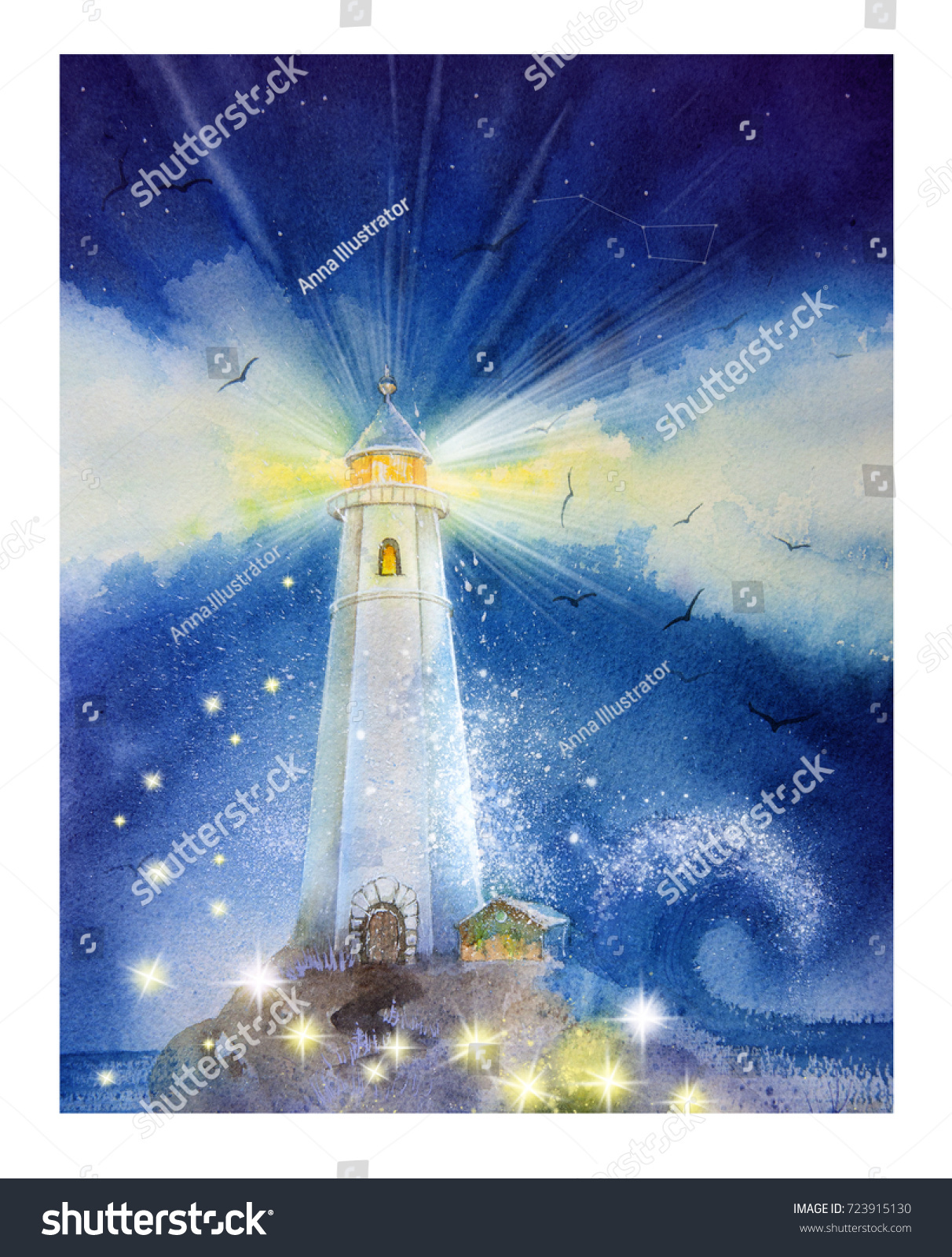 Stock photo hand drawn watercolor lighthouse illustration for card postcard poster banner starry night 723915130