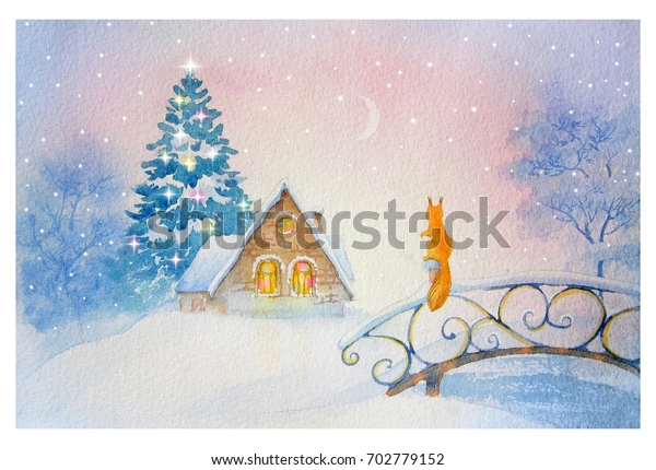 Watercolor illustration christmas winter day 600w 702779152