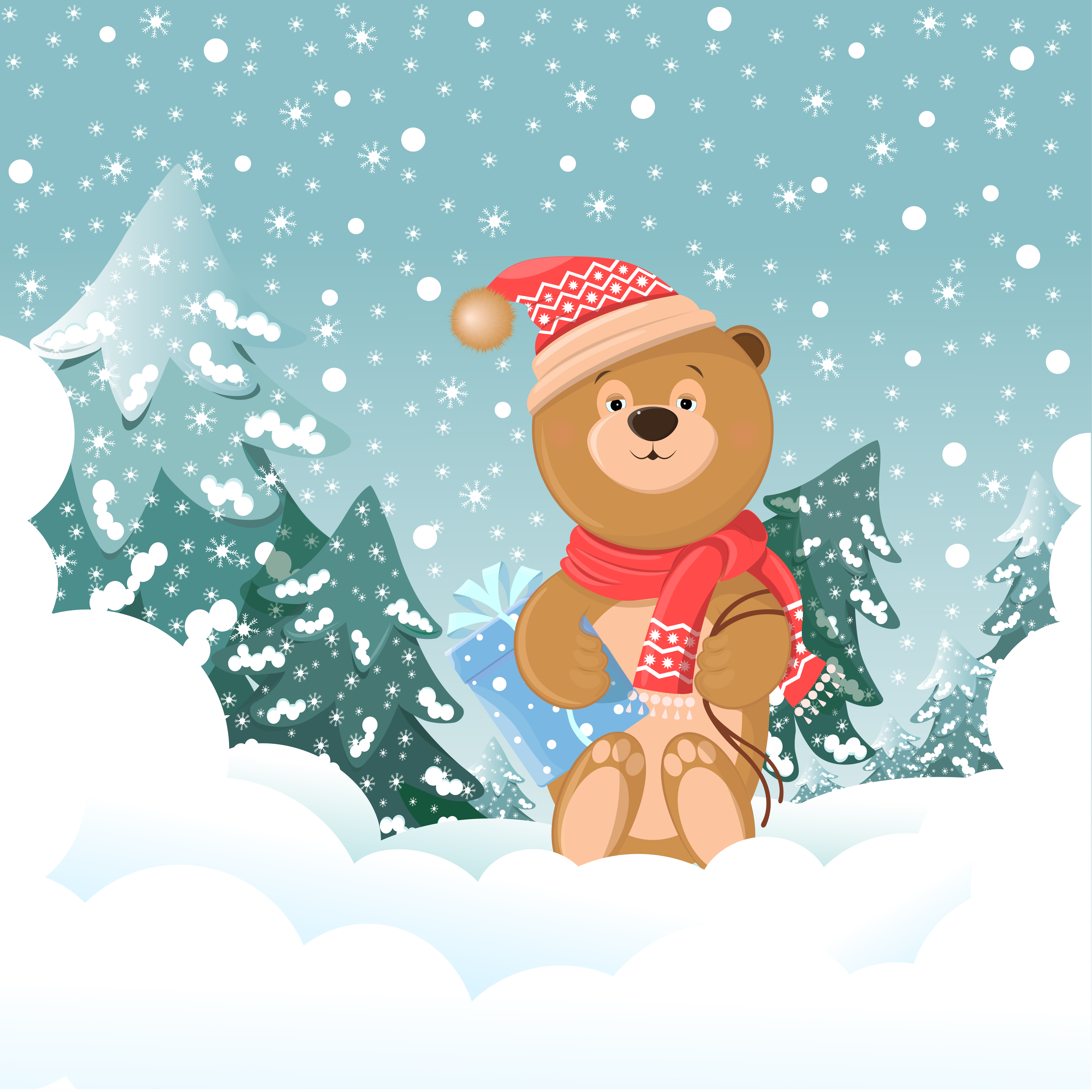 New year s winter forest with a bear and a gift