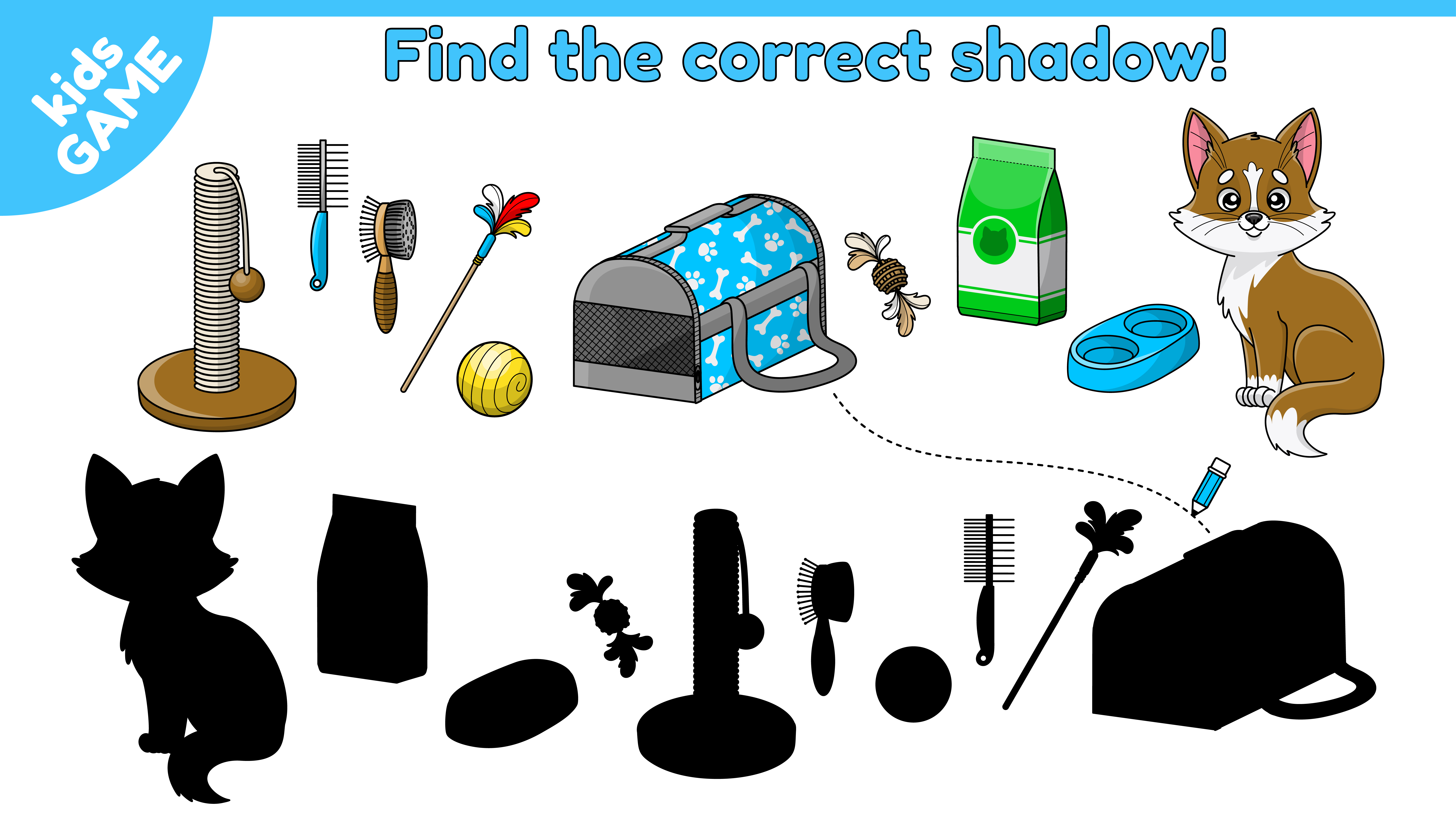Find the correct shadow of cartoon cat and goods for pets 1