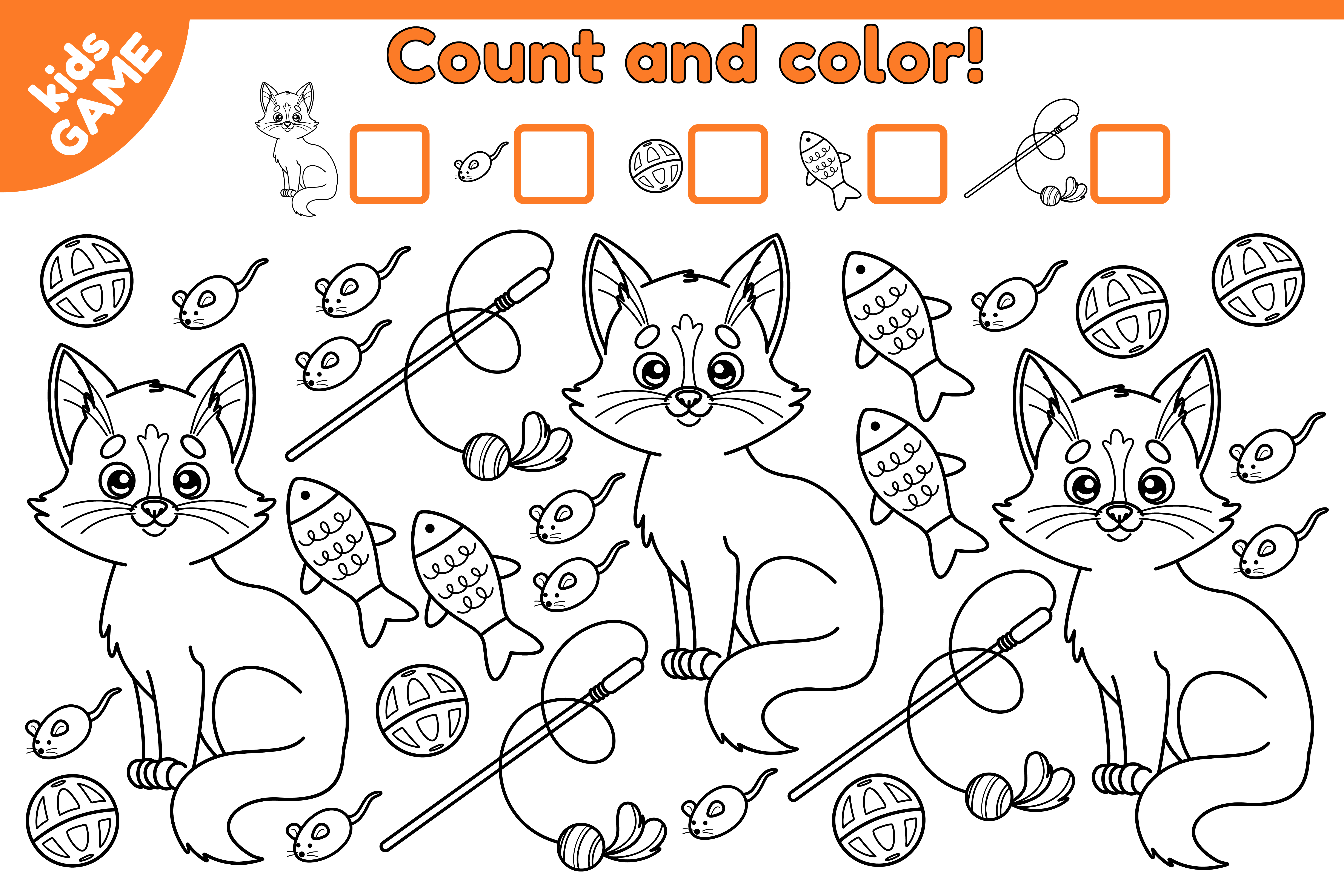 Count and color math game cartoon cat with toys 1