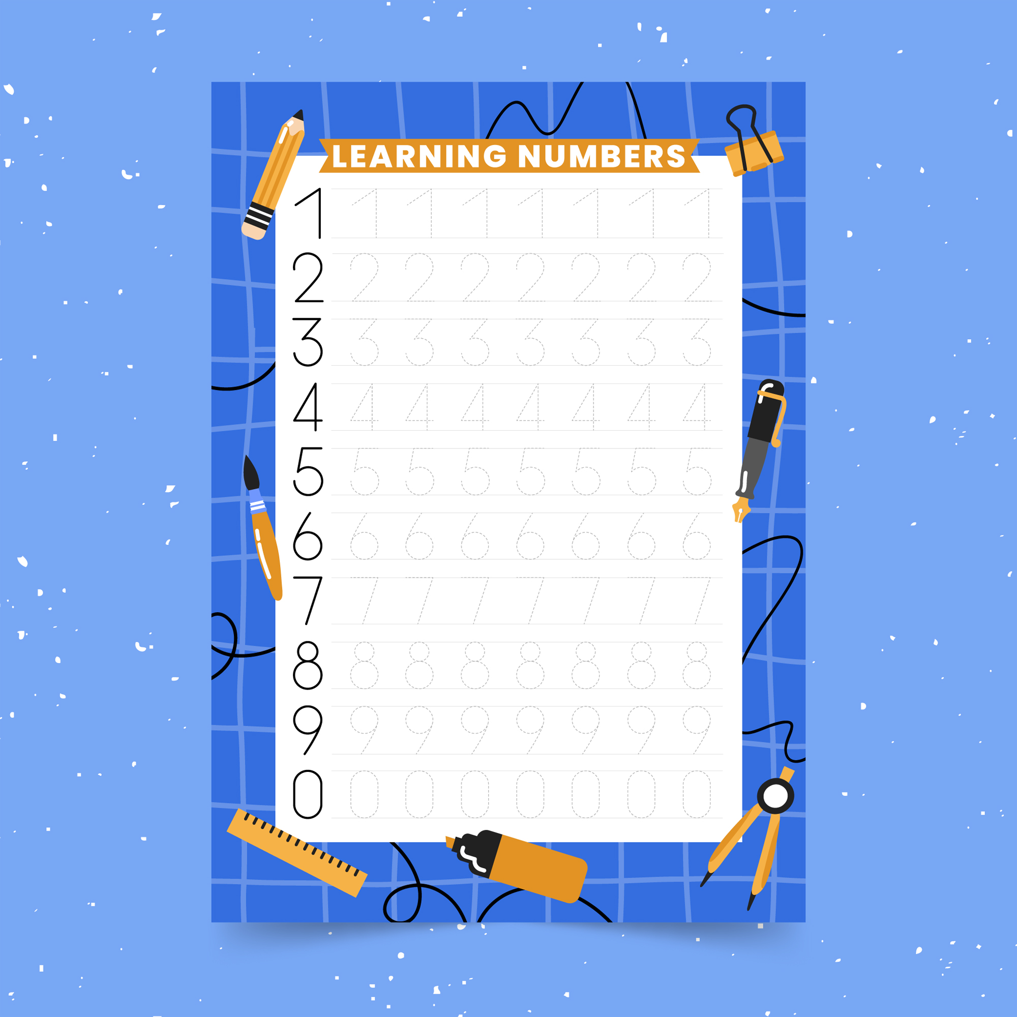 3 numbers tracing template