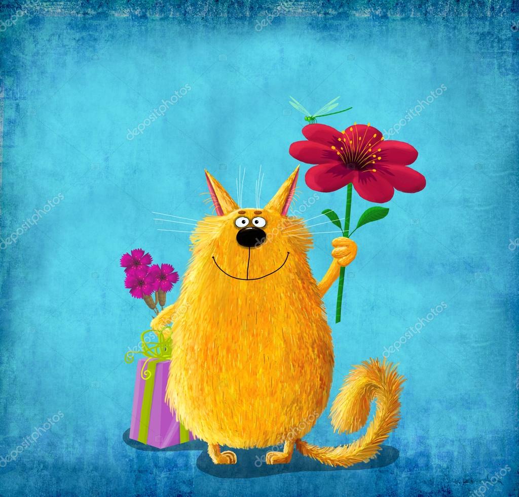 Depositphotos 67981085 stock photo yellow cat with flowers gift