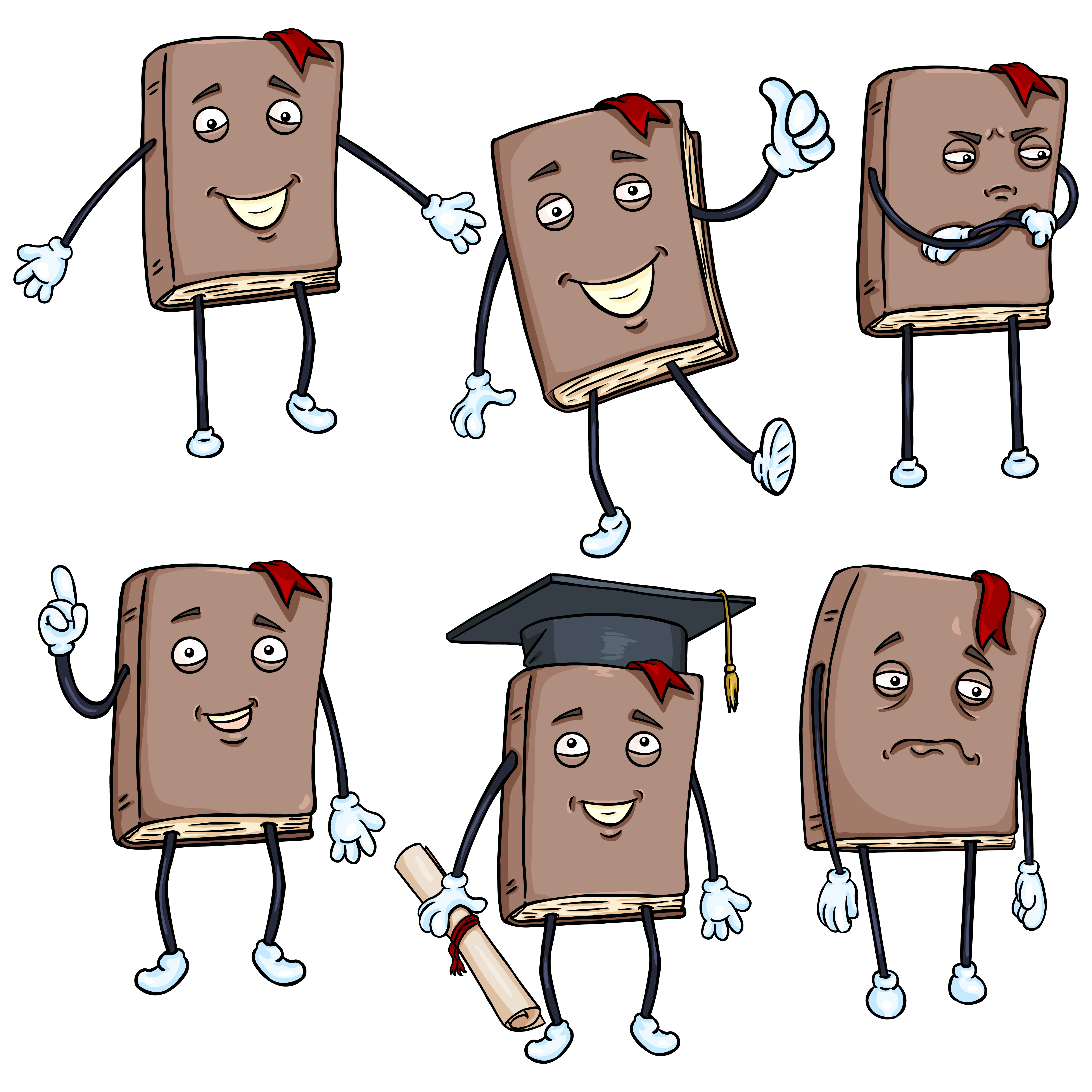Cartoon set of brown book characters