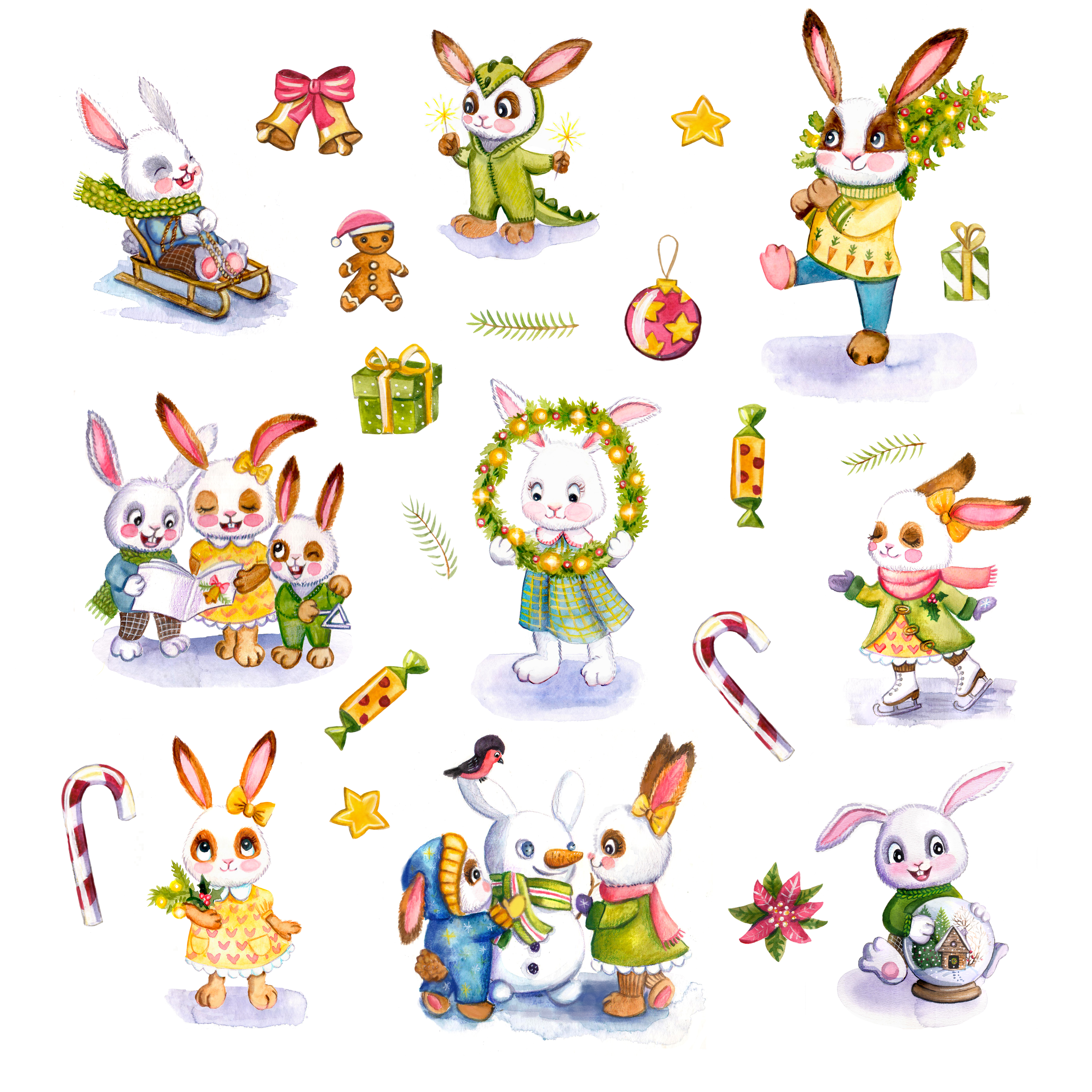 Bunnies with christmas attributes square