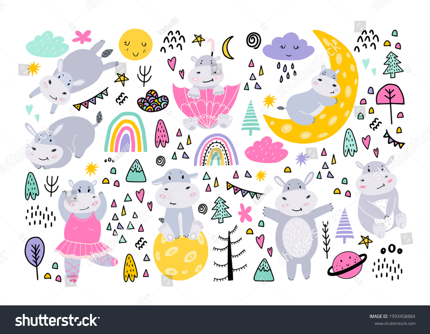 Stock vector set with hippos moon trees planets space flowers rainbows clouds vector isolated illustration 1993458884