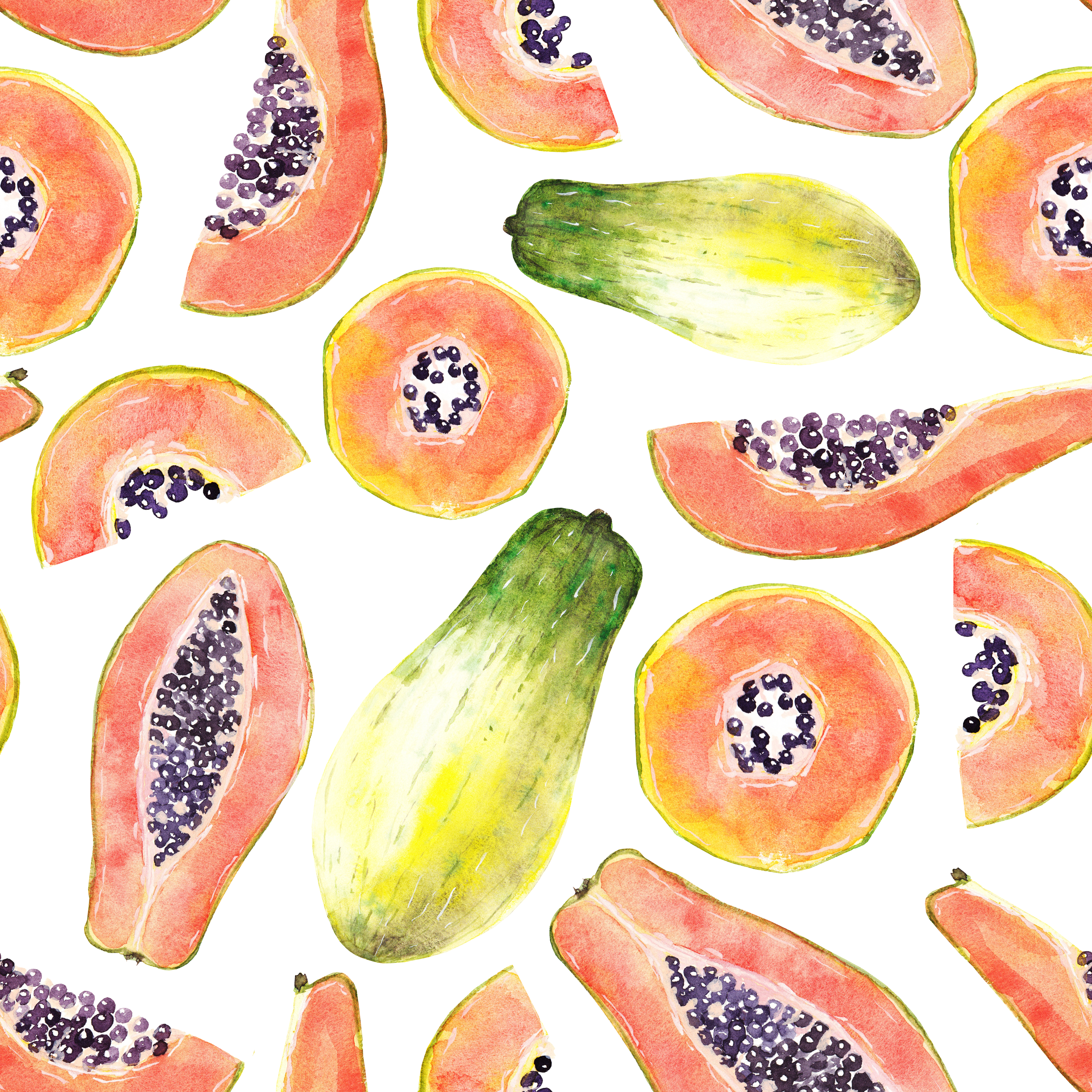 Pattern with papaya slices isolated on a white background