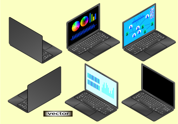 Vector illustration desktop laptop with screen on and off graphs and diagrams 3d isometry right and left front and back view